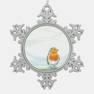 White Winter Landscape Illustration With Robin     Snowflake Pewter Christmas Ornament