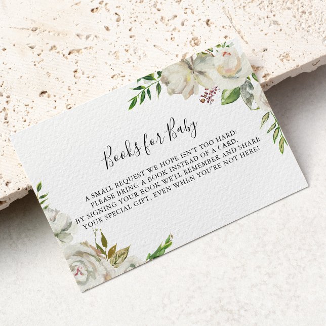 White Winter Peony Floral Baby Shower Book Request Enclosure Card (Creator Uploaded)
