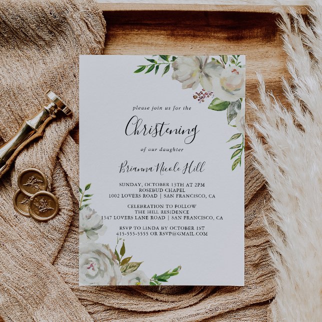 White Winter Peony Floral Christening Invitation (Creator Uploaded)