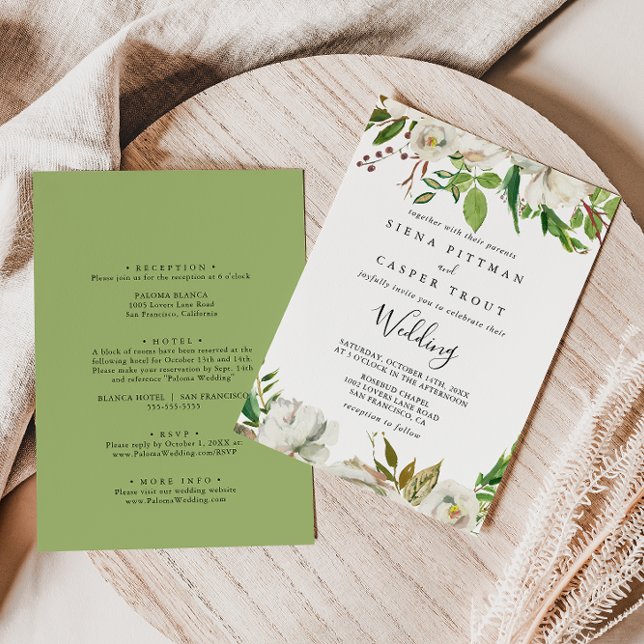 White Winter Peony Floral Front & Back Wedding Invitation (Creator Uploaded)