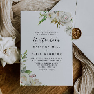 White Winter Peony Floral Nuestra Boda Wedding Invitation
