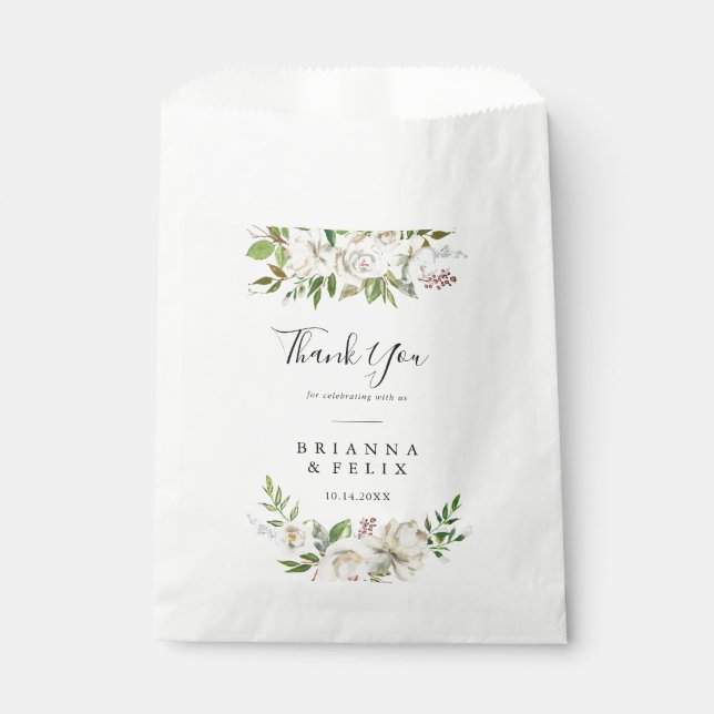 White Winter Peony Floral Thank You Wedding Favour Bags (Front)