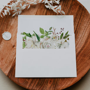 White Winter Peony Floral Wedding Invitation Envelope