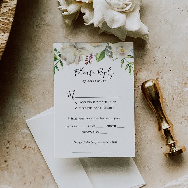 White Winter Peony Floral Wedding Menu Choice RSVP (Creator Uploaded)