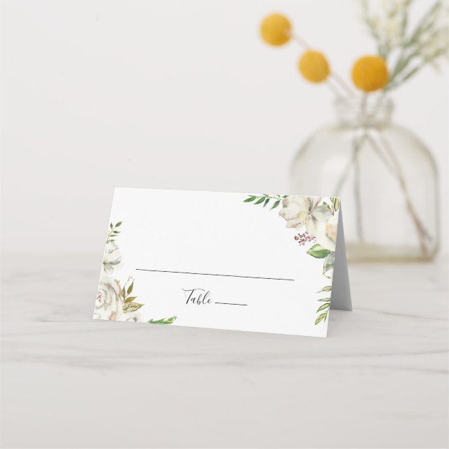 White Winter Peony Floral Wedding Place Card (Front)