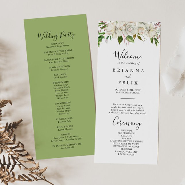 White Winter Peony Floral Wedding Program Programme (Creator Uploaded)