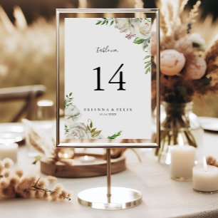 White Winter Peony Floral Wedding Table Number