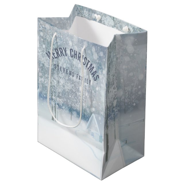 White Winter Romantic Snowy Woods Medium Gift Bag (Front Angled)