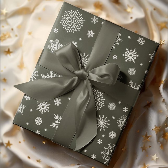White Winter Snowflake Dark Pine Green Wrapping Paper (Creator Uploaded)