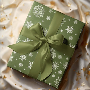 White Winter Snowflake Olive Green Wrapping Paper