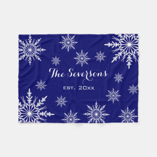 White Winter Snowflakes on Blue Fleece Blanket