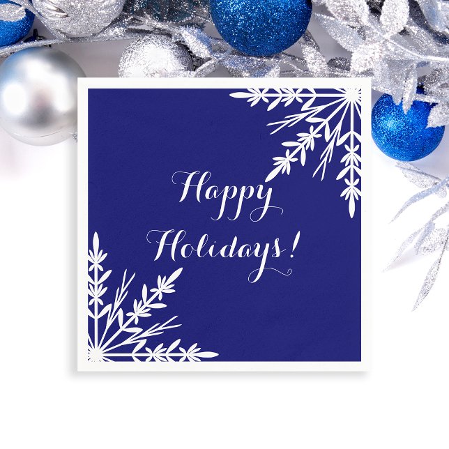 White Winter Snowflakes on Blue Happy Holidays Napkin (Creator Uploaded)