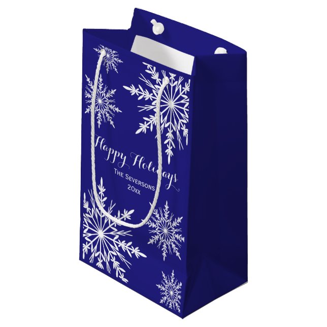 White Winter Snowflakes on Blue Happy Holidays Small Gift Bag (Front Angled)