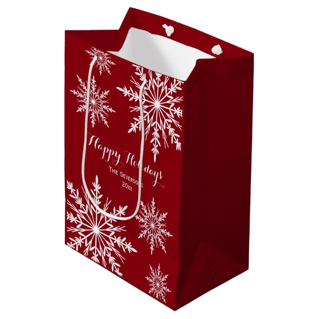 White Winter Snowflakes on Red Happy Holidays Medium Gift Bag (Front Angled)
