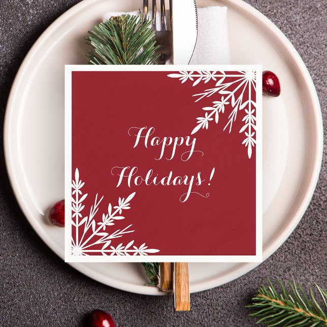 White Winter Snowflakes on Red Happy Holidays Napkin (Creator Uploaded)