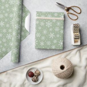White Winter snowflakes stars snows on sage green Wrapping Paper