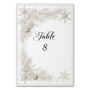 White Winter Wedding Pine Branches Snowflakes  Table Number