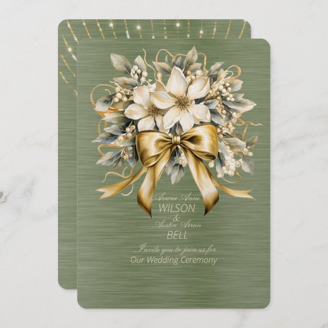 White Winterberry Green Leaf Gold Ribbon Christmas Invitation (Front/Back)