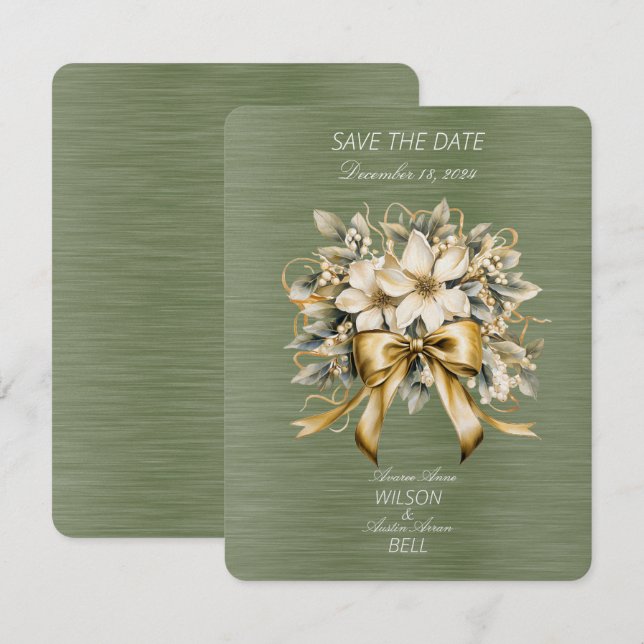 White Winterberry Green Leaf Gold Ribbon Christmas RSVP Card (Front/Back)