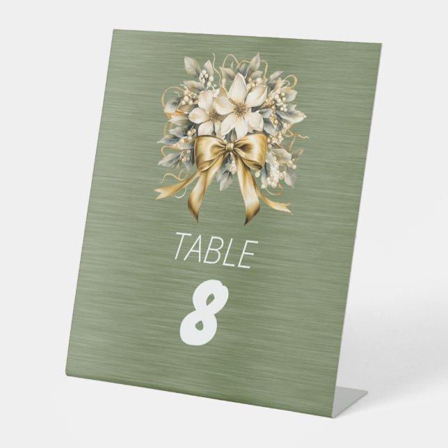 White Winterberry Green Leaf Gold Ribbon Pedestal Sign (Front)