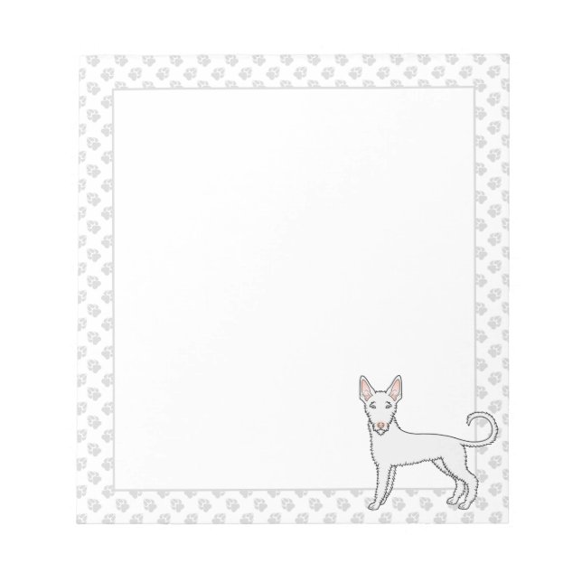 White Wire Haired Ibizan Hound Cartoon Dog & Paws Notepad (Front)