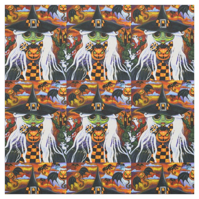White Witch Kitty Ghosts Pumpkins Halloween Fabric (Swatch)