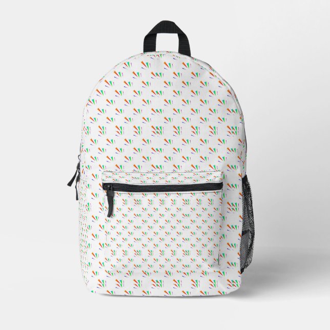 White with a colorful, geometric pattern printed backpack (Front)