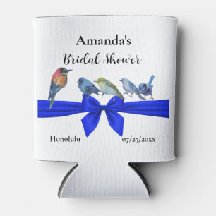 White with Birds on a Blue Ribbon Bridal Party Can Cooler