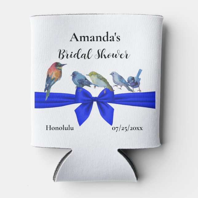 White with Birds on a Blue Ribbon Bridal Party Can Cooler (Front)