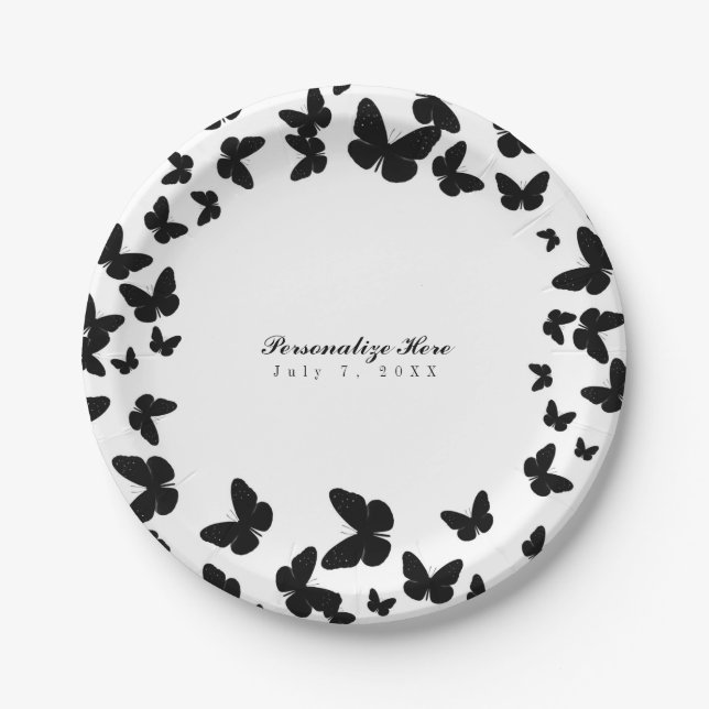 White with Black Butterflies Custom Chic Party Paper Plate (Front)