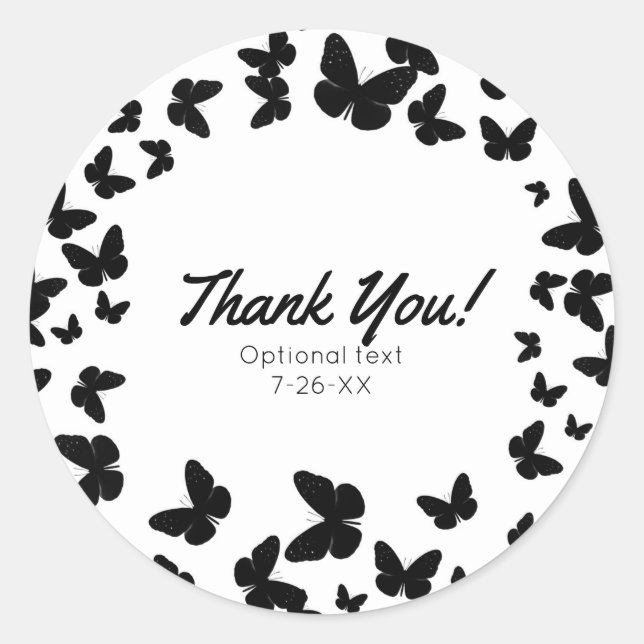 White with Black Butterflies Party Custom Favour Classic Round Sticker (Front)