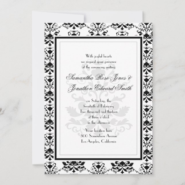 White with Black Damask Elegant Wedding Invitation (Front)