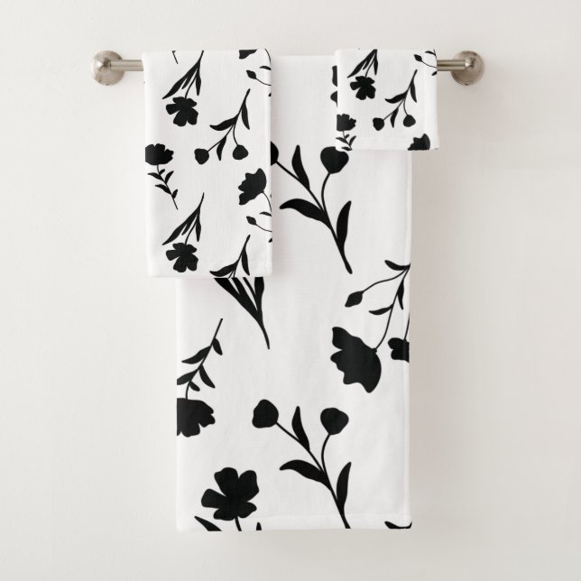 White With Black Flowers Pattern Bath Towel Set (Insitu)