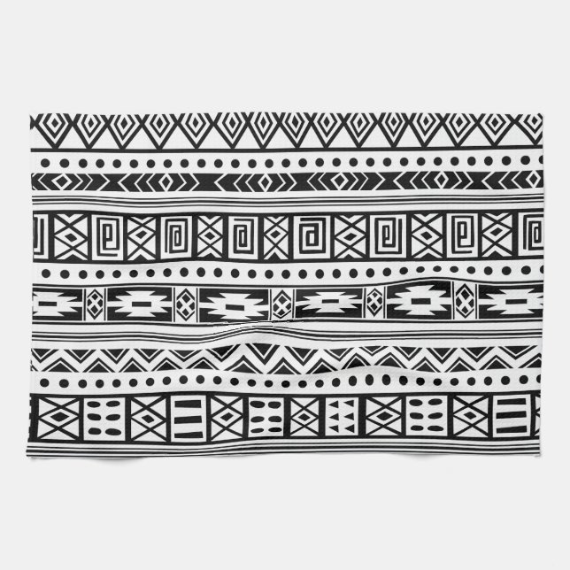 White With Black Tribal Ikat Seamless Pattern Tea Towel (Horizontal)