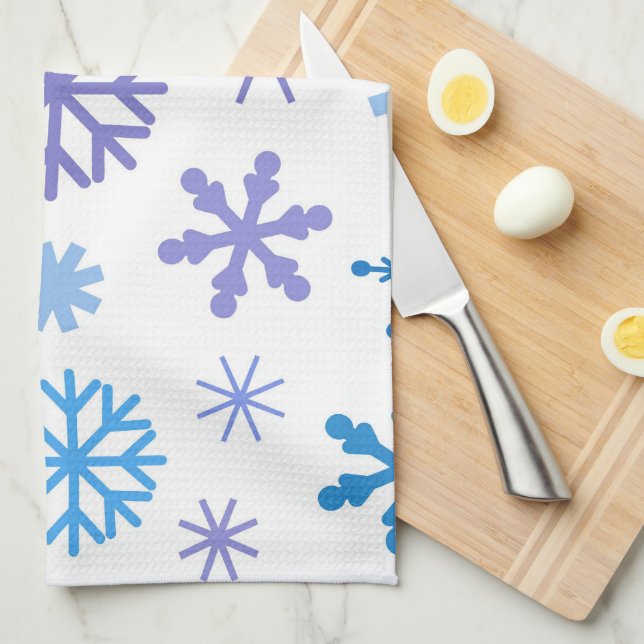 WHITE WITH BLUE & PURPLE WINTER SNOWFLAKES TEA TOWEL (Quarter Fold)