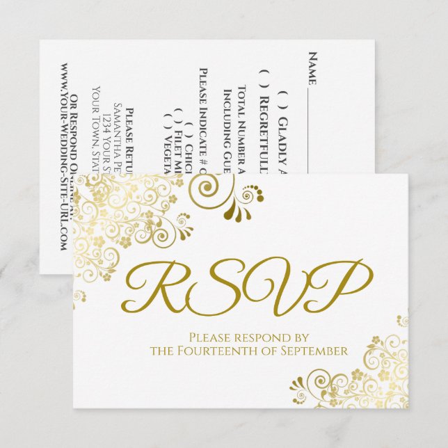 White with Elegant Gold Lace Frilly Wedding RSVP Card (Front/Back)