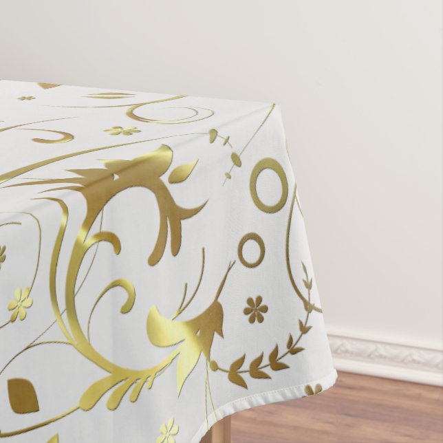White With Gold Floral Fabric Pattern Tablecloth (In Situ)