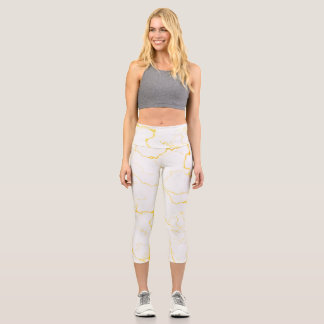 White with gold foil marble pattern capri leggings