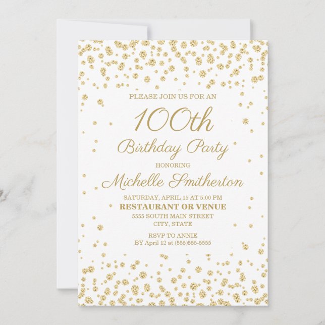 White with Gold Glitter 100th Birthday Party Invitation (Front)