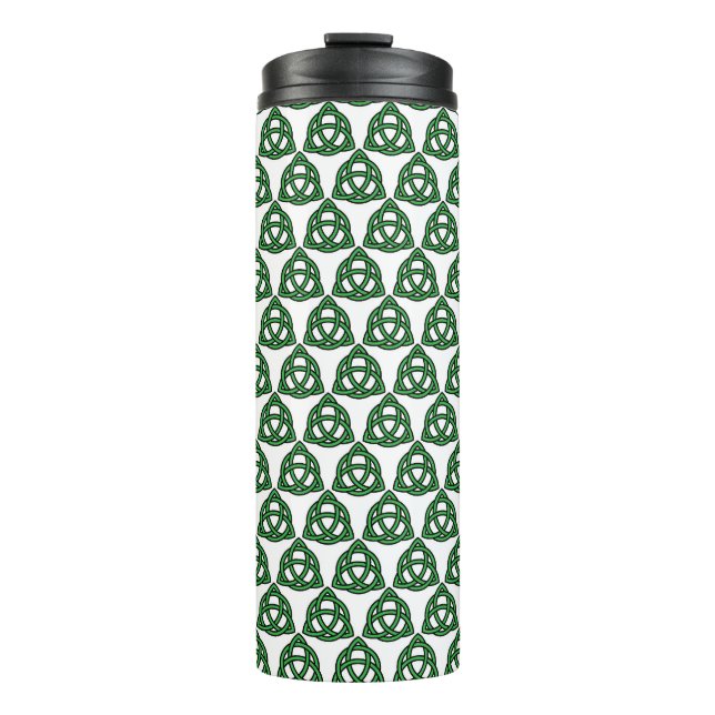 WHITE WITH GREEN IRISH CELTIC KNOT PATTERNS THERMAL TUMBLER (Front)