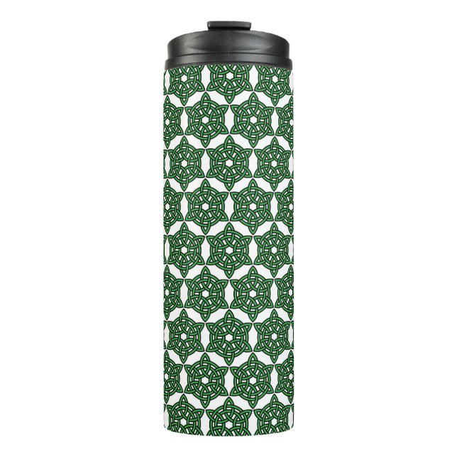 WHITE WITH GREEN IRISH CELTIC KNOT PATTERNS THERMAL TUMBLER (Front)