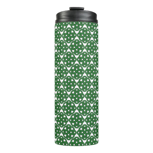 WHITE WITH GREEN IRISH CELTIC KNOT PATTERNS THERMAL TUMBLER (Front)