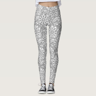 White with Light Grey Floral Lace Pattern Leggings