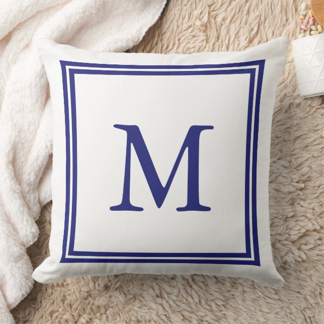 White with Nautical Blue Double Frame Monogram Cushion (Blanket)