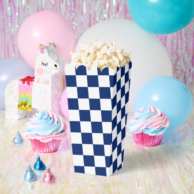 White with Navy Blue Square Pattern Popcorn Favour Box (Party)