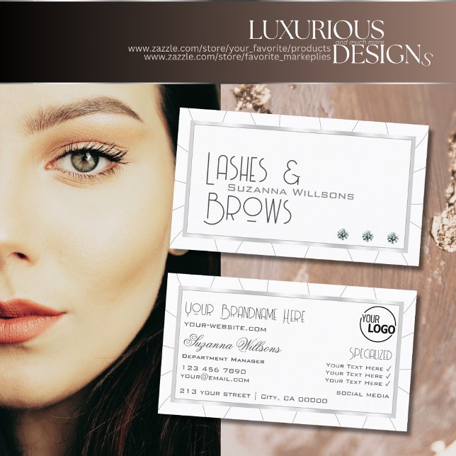 White with Silver Frame Glitzy Diamonds and Logo Business Card (Creator Uploaded)
