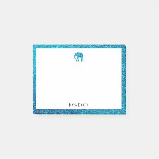 White with Teal Glitter Elephant & Border w/ Name Post-it Notes (Front)