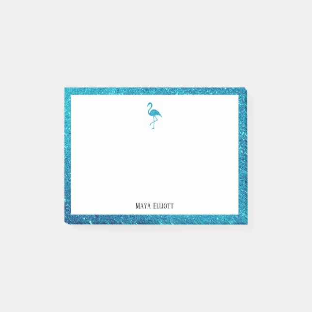 White with Teal Glitter Flamingo & Border w/ Name Post-it Notes (Front)