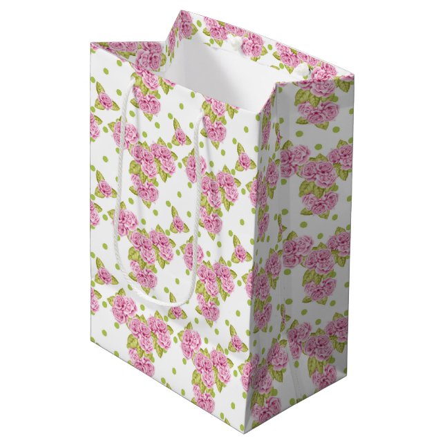 WHITE WITH TINY PINK FLOWERS & LIME GREEN LEAVES MEDIUM GIFT BAG (Front Angled)