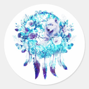 White Wolf Dreamcatcher Purple Blue Floral Classic Round Sticker